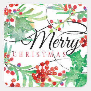 Sticker Carré Joyeux Script de Noël Aquarelle Holly Holiday