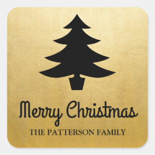 Sticker Carré Joyeux script de Noël   Arbre Faux Gold Foil