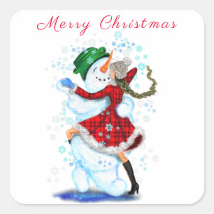 Sticker Carré Joyeux Snowman et Fille Dance Tango fête de Noël