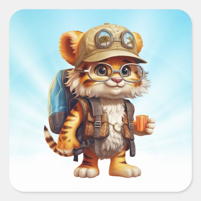 Sticker Carré Joyeux Tiger Cub avec sac à dos et café (Devant)