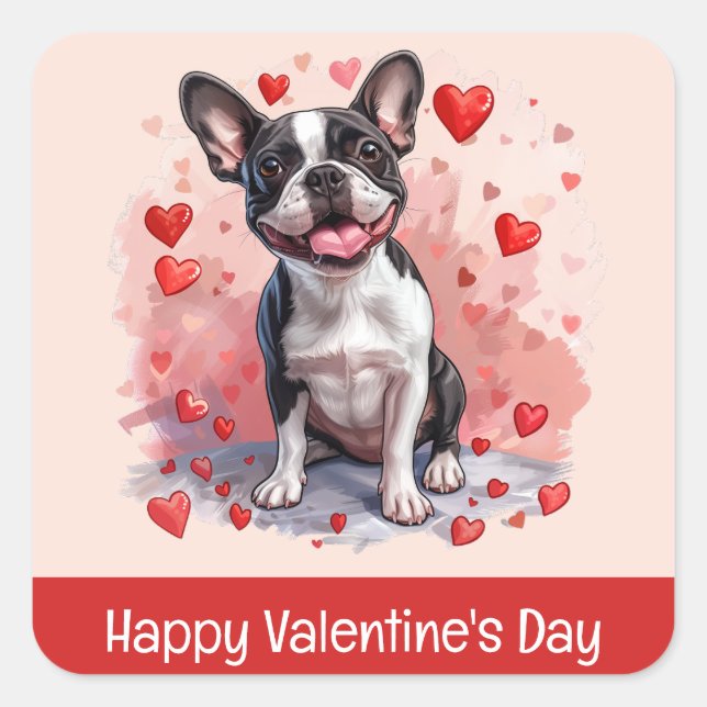 Sticker Carré Joyeux Valentines Day Boston Terrier Dog (Devant)