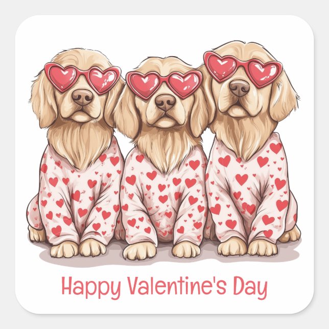 Sticker Carré Joyeux Valentines Day Golden Retriever Dogs (Devant)