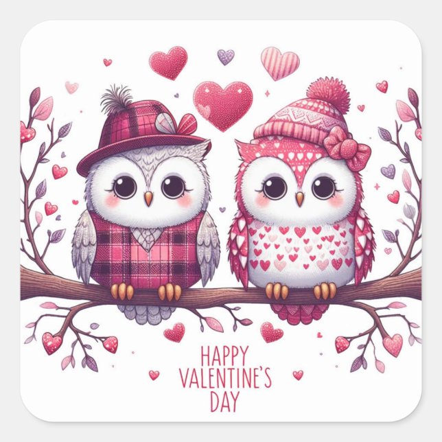 Sticker Carré Joyeux Valentines Jour Cute Owls Enveloppe Sceau (Devant)