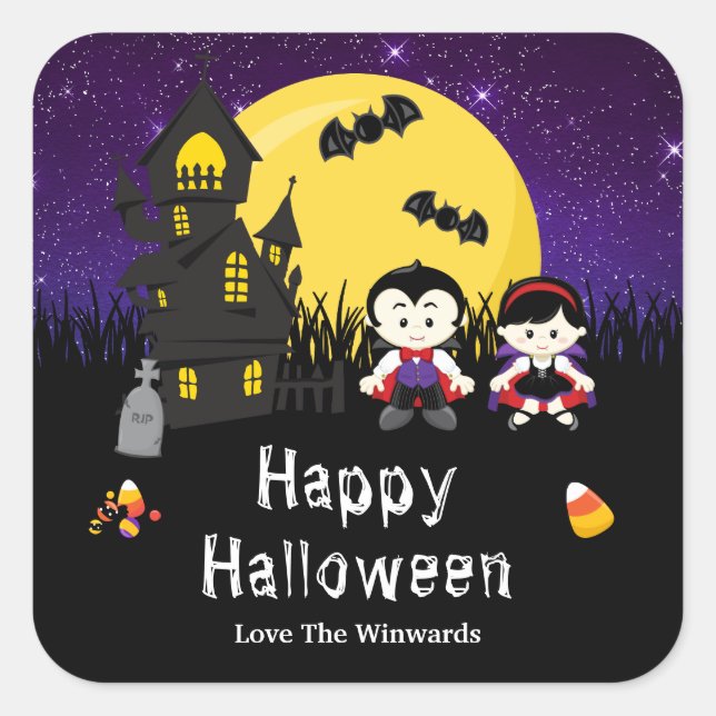 Sticker Carré Joyeux Vampires du parti Halloween violet (Devant)