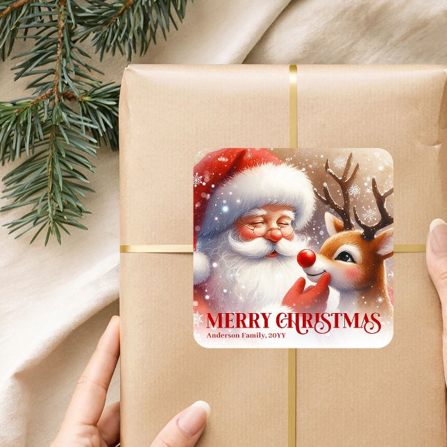 Sticker Carré Joyful Personalized Santa and Rudolph Christmas   (Joyful Personalized Santa and Rudolph Christmas Sticker)