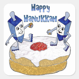 Sticker Carré Judaica Happy Hanukkah Dancing Dreidels