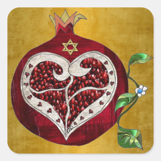 Sticker Carré Judaica Pomegranate Heart Hanoukka Rosh Hashanah (Devant)