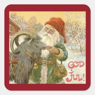 Sticker Carré Jultomten nourrit Yule Chèvre un biscuit