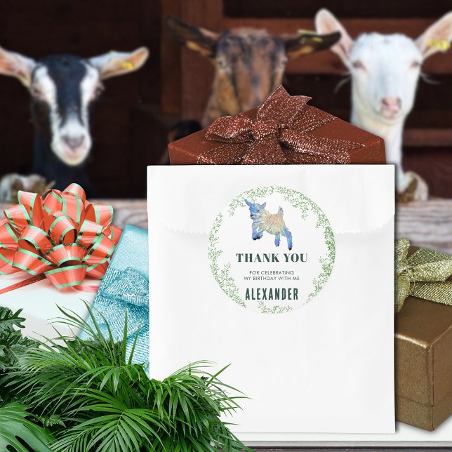 Sticker Carré Jumping Chèvre Anniversaire Merci (Cute jumping baby goat colorful farm animal art birthday party thank you favor sticker)