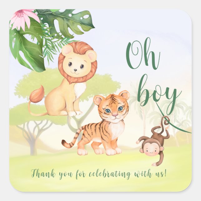 Sticker Carré Jungle Safari Animaux Oh Baby shower Garçon (Devant)