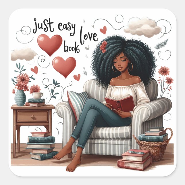 Sticker Carré Just Easy Love Book, African American Girl Reading (Devant)