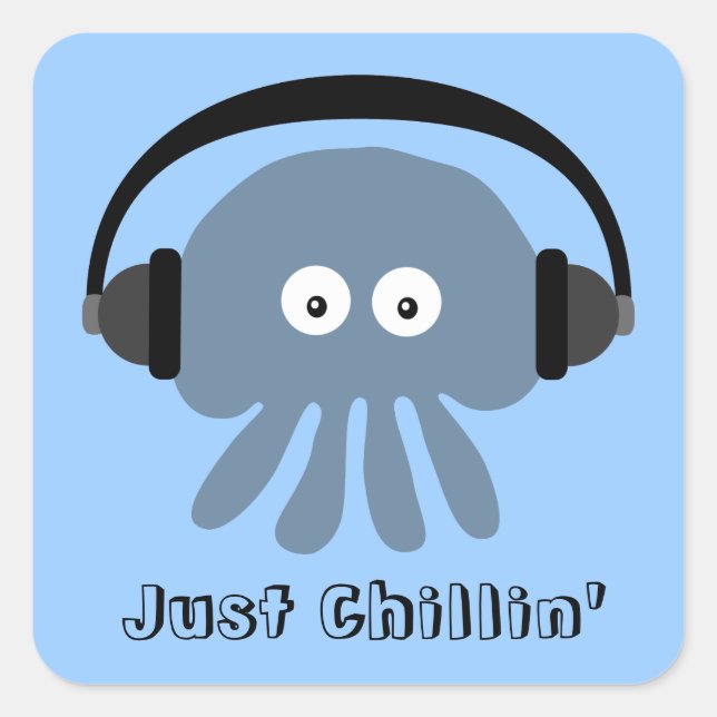 Sticker Carré Juste Chillin' Blue Jellfish avec casques (Devant)