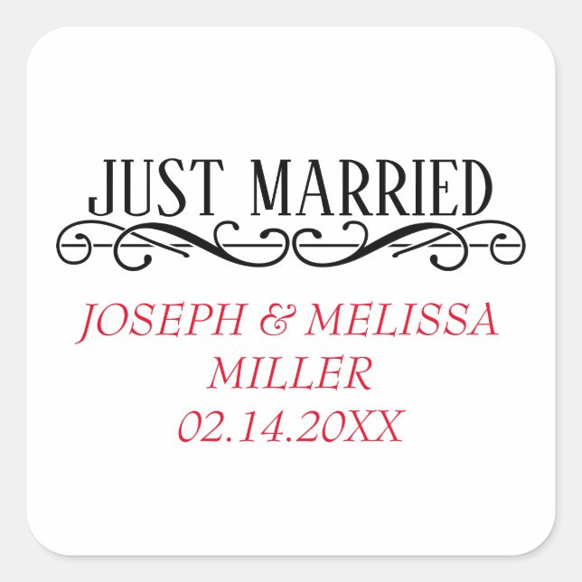 Sticker Carré Juste Marié Noms Nouvelles mariés Mariages Faveurs (Devant)