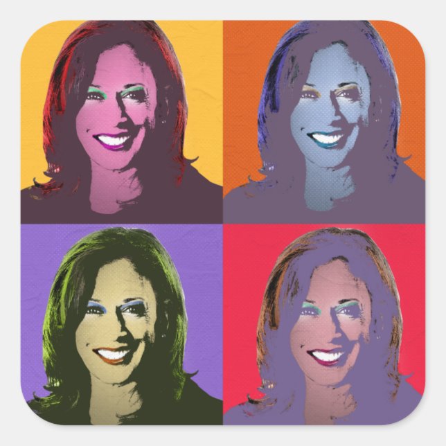 Sticker Carré Kamala Harris Pop Art (Jaune, Orange, Violet, Roug (Devant)