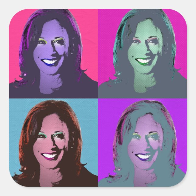Sticker Carré Kamala Harris Pop Art (Rose, Magenta, Bleu, Violet (Devant)