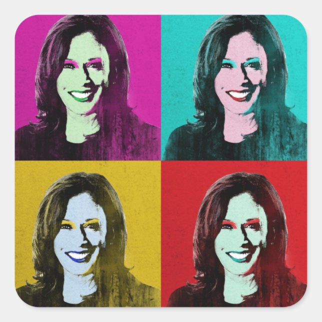 Sticker Carré Kamala Harris Pop Art (rose, Turquoise, or, rouge) (Devant)