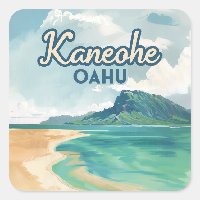 Sticker Carré Kaneohe Sandbar Oahu Hawaii Retro (Devant)