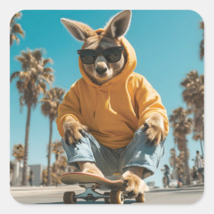 Sticker Carré Kangaroo cool en lunettes de soleil sur un skatebo