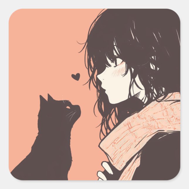 Sticker Carré Kawaii Anime Girl avec chat noir (Devant)