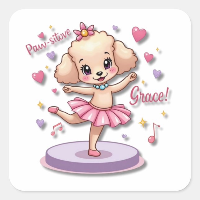 Sticker Carré Kawaii Ballet Poodle avec un tutu frileux (Devant)