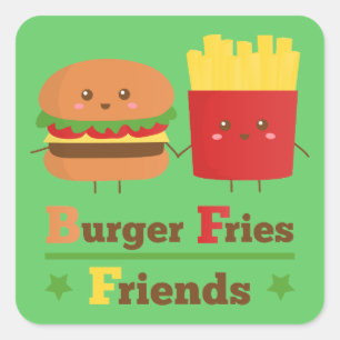 Sticker Carré Kawaii Cartoon Burger Fries Friends BFF