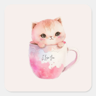 Sticker Carré Kawaii Chat Chibi Rose Blushing