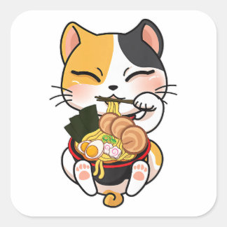 Sticker Carré Kawaii Chat Manger Ramen Japonais Alimentation Ani