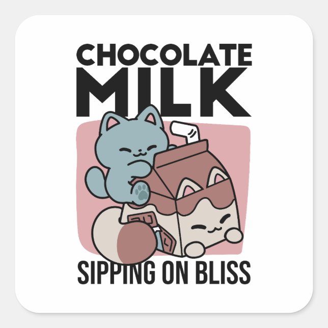 Sticker Carré Kawaii Chocolate Milk Cat – Cozy Drink & Cuteness  (Devant)