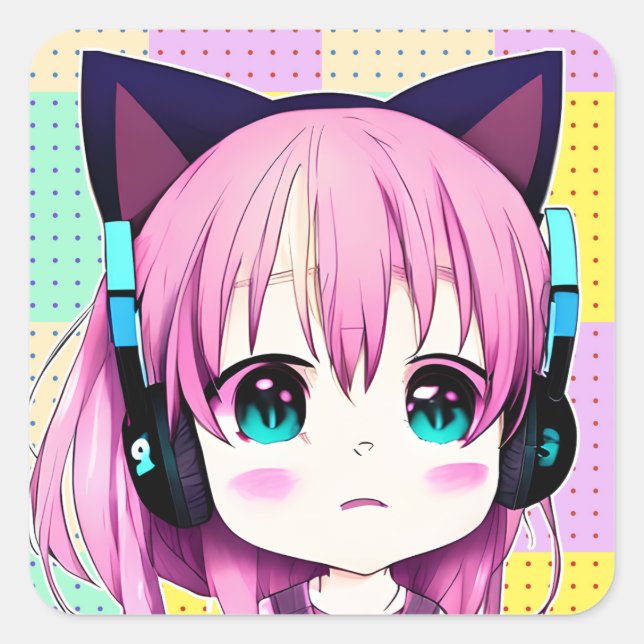 Sticker Carré Kawaii Girl avec casque sur (Devant)