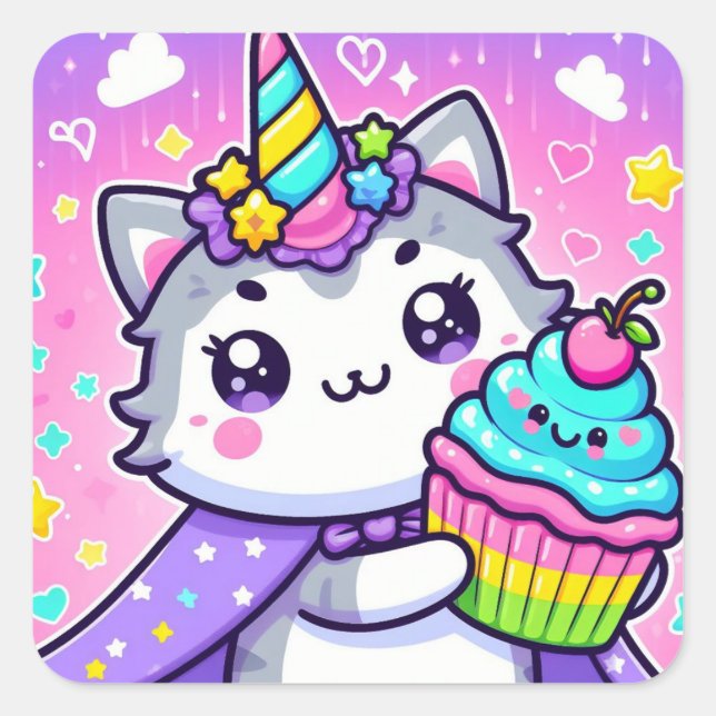 Sticker Carré Kawaii Kitty Avec cupcake Anniversaire (Devant)