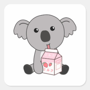 Sticker Carré Kawaii Koala Rétro Milkshake à la fraise japonaise