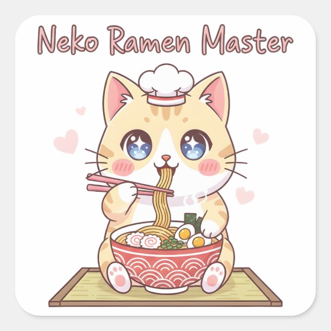 Sticker Carré Kawaii Neko Ramen Master Cute Cat Food Chef (Devant)