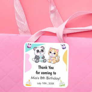 Sticker Carré Kawaii Panda et Tigre Bubble Tea Anniversaire Enfa