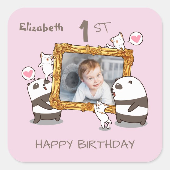 Sticker Carré Kawaii pandas et chats photo cadre 1er anniversair (Devant)