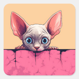 Sticker Carré Kawaii Peeking Cute Sphynx Cat