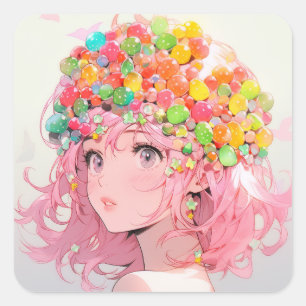 Sticker Carré Kawaii Rainbow Pastel Candy Champagne Anime Girl