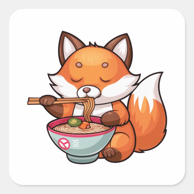 Sticker Carré Kawaii renard ramen (Devant)