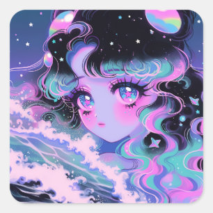 Sticker Carré Kawaii Star-Sea Girl sous des vagues cosmiques