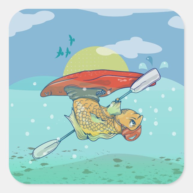 Sticker Carré Kayak de poisson amusant (Devant)
