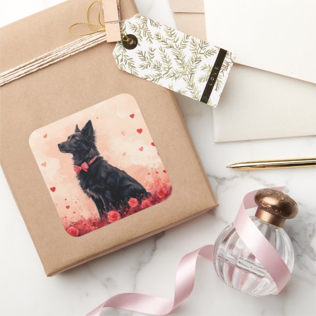 Sticker Carré Kelpie australienne avec Roses - Saint Valentin (Cadeaux)
