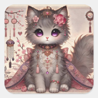 Sticker Carré Kimono rose Princesse Chat