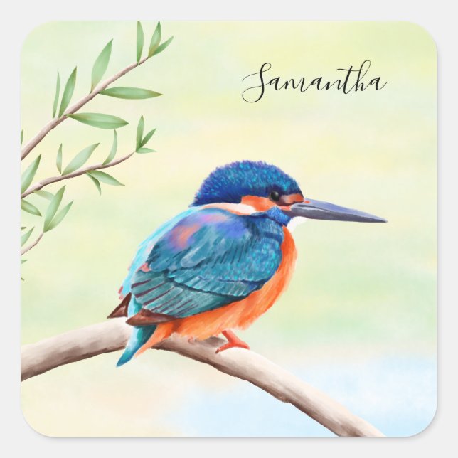 Sticker Carré Kingfisher Aquarelle Bleu Orange Oiseau (Devant)