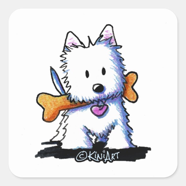 Sticker Carré KiniArt Westie avec os (Devant)