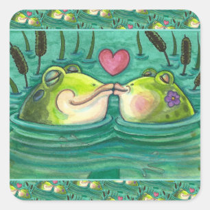 STICKER CARRÉ KISSING FROGS COLORÉ & CUTE POND ROMANCE, AMUSANT