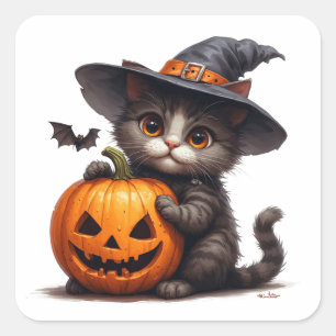 Sticker Carré Kit adorable avec chapeau de sorcière et citrouill