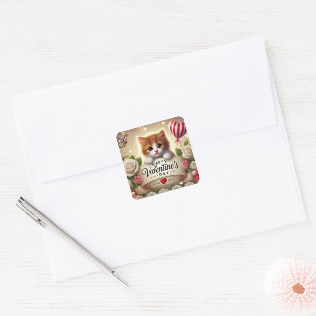 Sticker Carré Kitten adorable avec Roses, bougies et coeurs (Enveloppe)