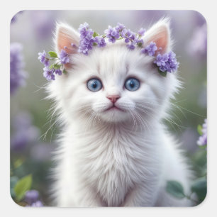 Sticker Carré Kitten Blanc Avec Lilac Laurel