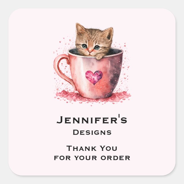 Sticker Carré Kitten dans un Teacup avec coeur Merci d'affaires (Devant)