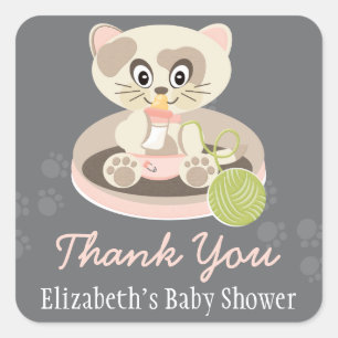 Sticker Carré Kitten en Pink Diapers Chat Baby shower Merci