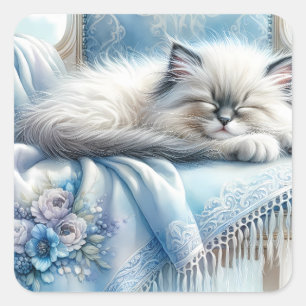 Sticker Carré Kitten Endormi Cottagecore Rêve Bleu